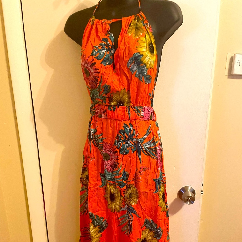 🧡🌺Orange floral maxi halter dress